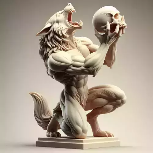 53 Ivory Werewolf Howling with Skull 3D Model fantasy art 3D print model