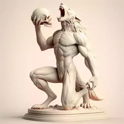54 Ivory Werewolf Howling with Skull 3D Model monster animal