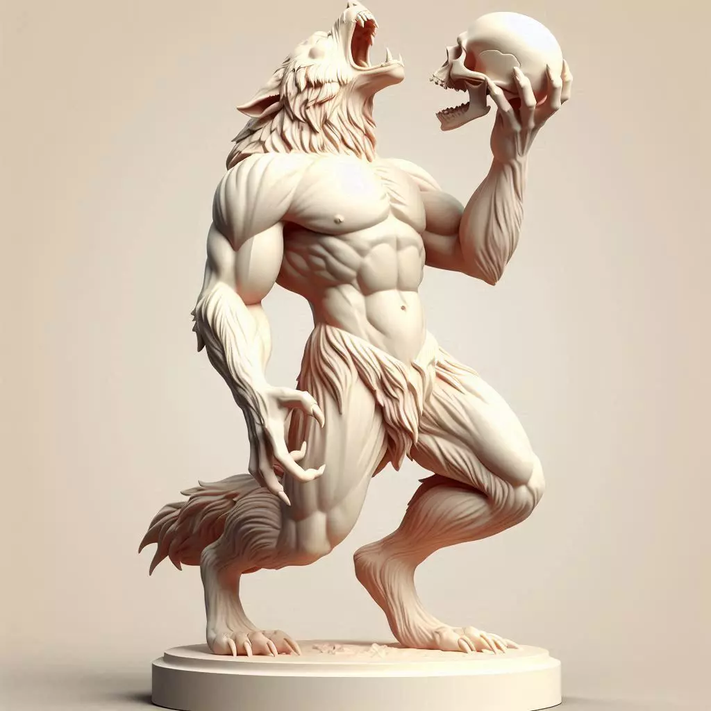 55 Ivory Werewolf Howling with Skull 3D Model cat fantasy 3D print model_0