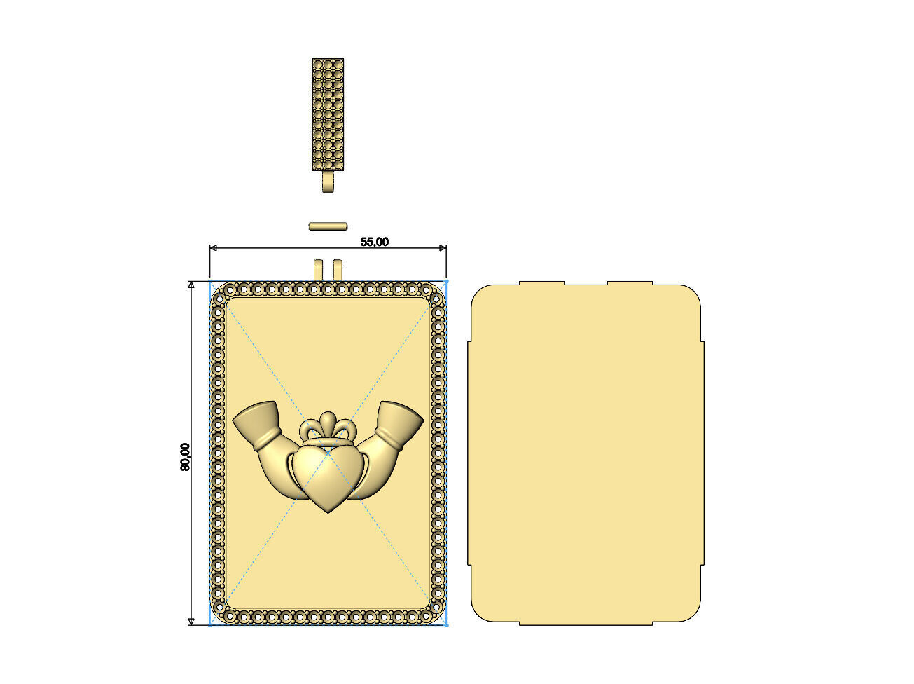 Claddagh crown heart rectangular diamond bling pendant with bail 3D print model_6