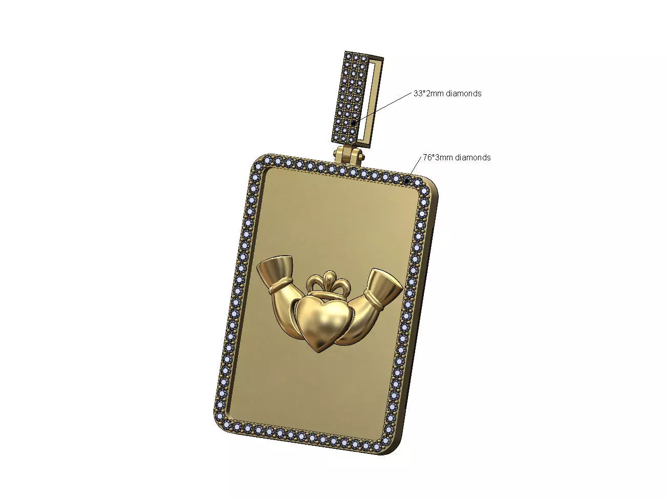 Claddagh crown heart rectangular diamond bling pendant with bail 3D print model_0