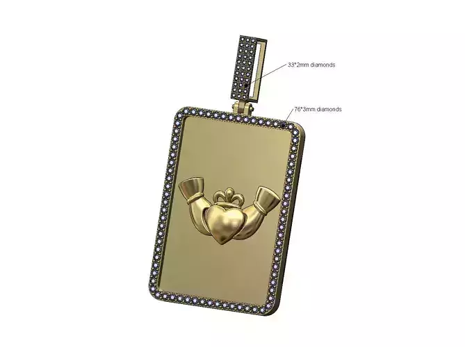 Claddagh crown heart rectangular diamond bling pendant with bail