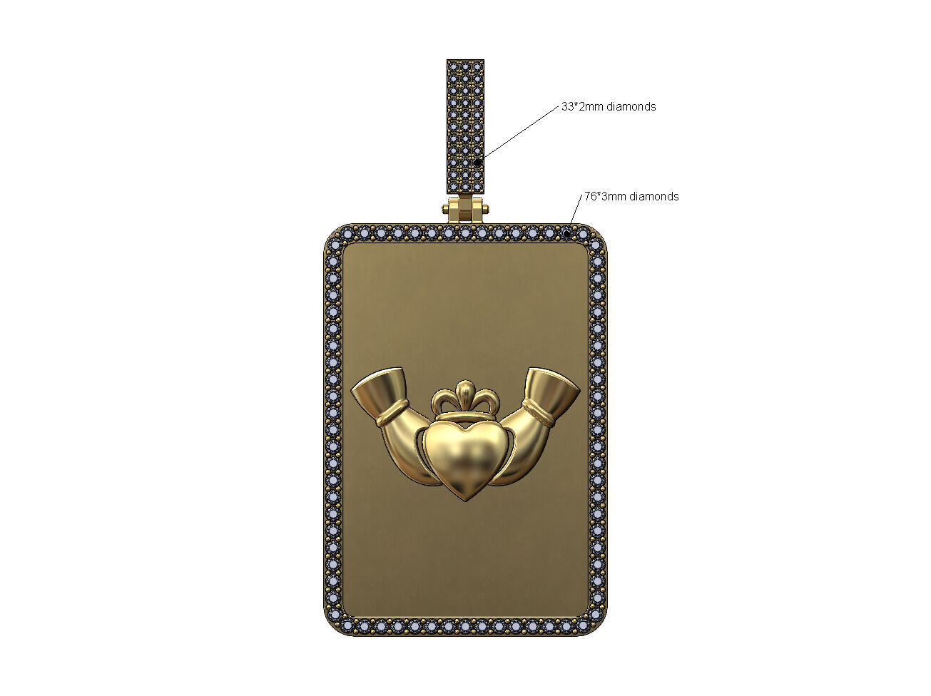 Claddagh crown heart rectangular diamond bling pendant with bail 3D print model_1