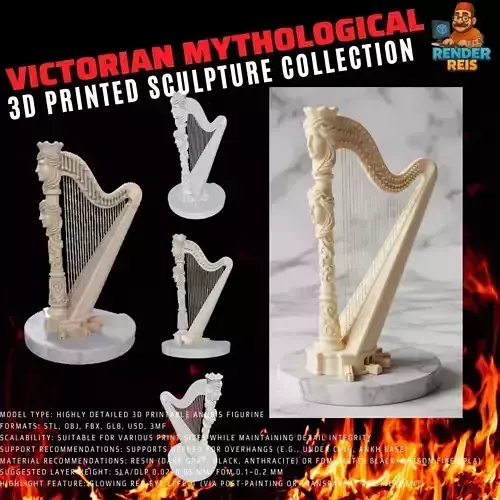 3D Printable Antique Inspired Harp Statue 3D model