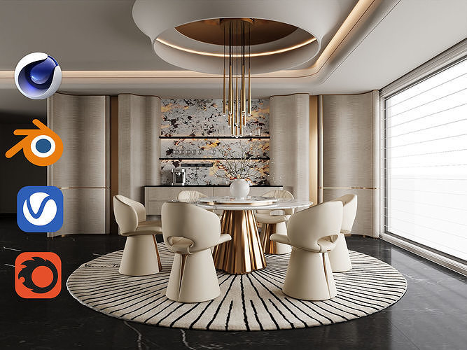 Luxury Modern Dining Room with Gold Accents 062 3D model