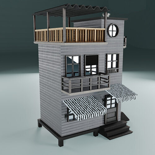 Stylized Wooden Urban House 3 Story Building with Balconies Low-poly 3D model