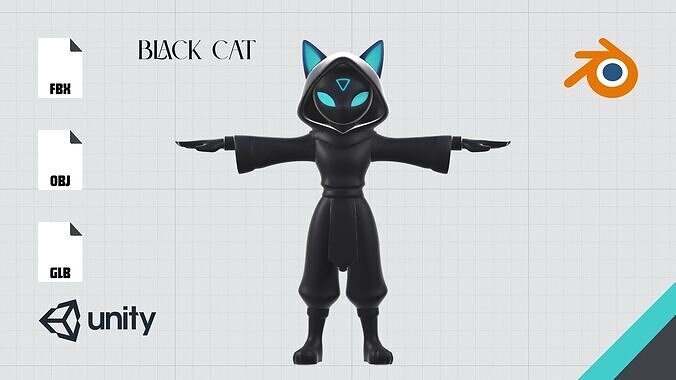 Stylized Black Cat 3D Character with Glowing Eyes Low-poly 3D model