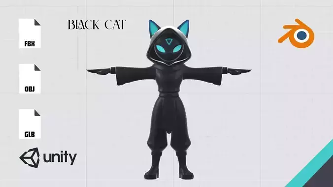 Stylized Black Cat 3D Character with Glowing Eyes