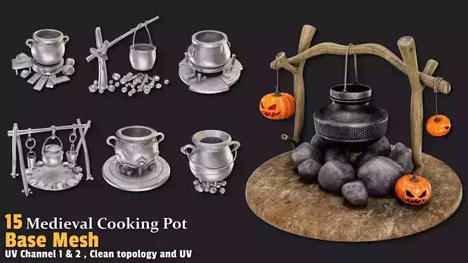 15 Medieval Cooking Pot Base Meshes 3D model