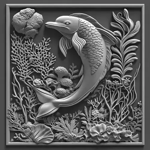 Koi Fish Underwater Relief Sculpture - Marine Life Scene