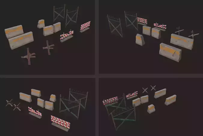 Road blocks and barriers stylized lowpoly models