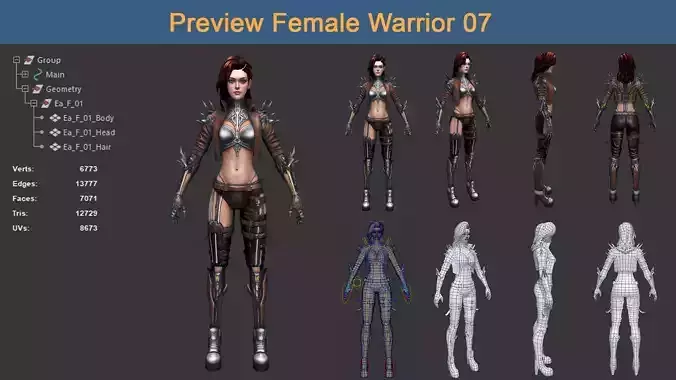 Character Female Warriors 07 - Ready for game Low-poly 3D model