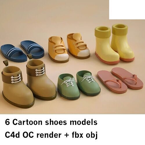 6 Cartoon shoes render ready c4d Low-poly 3D model