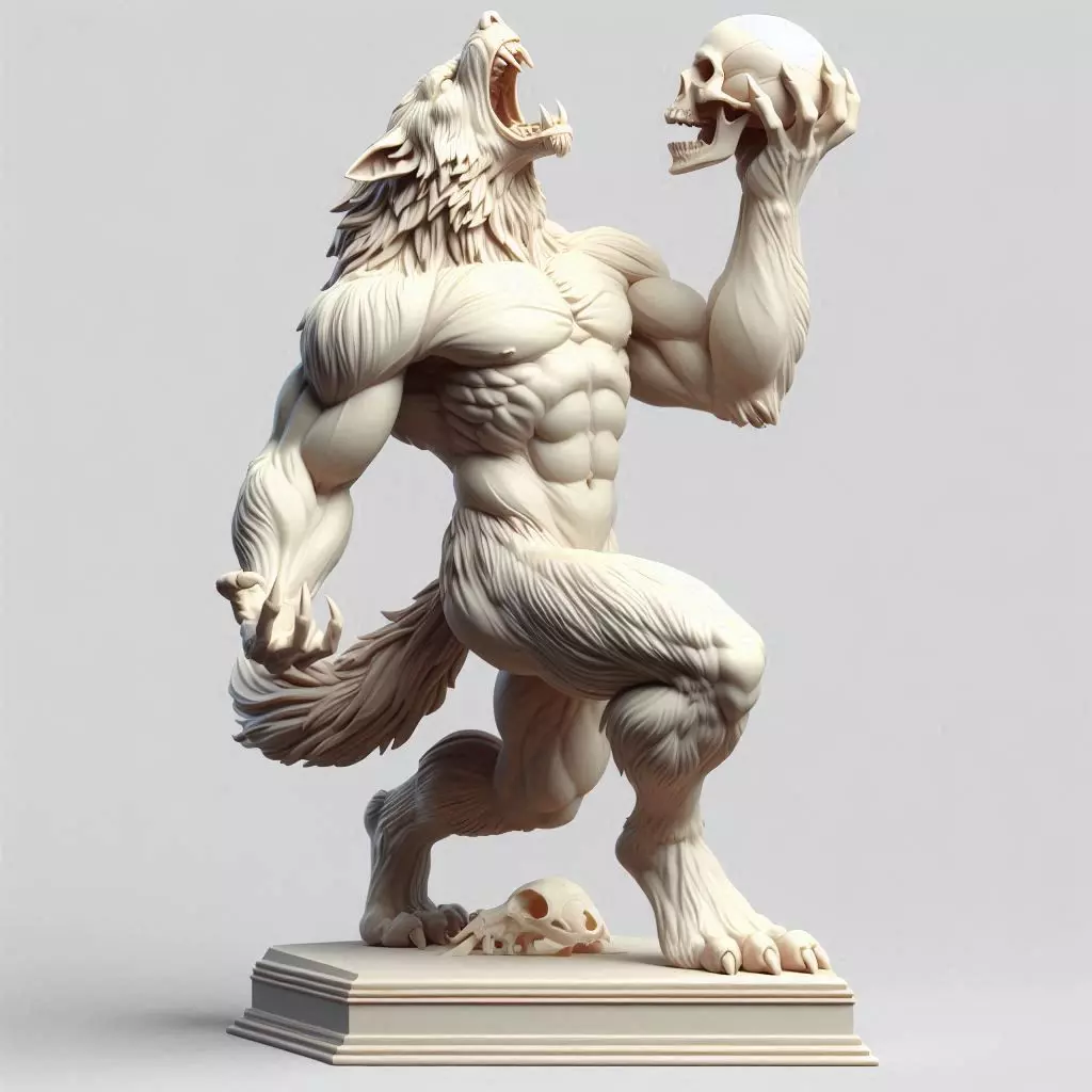 68 Ivory Werewolf Howling with Skull 3D Model wild dog witch 3D print model_0