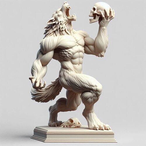 68 Ivory Werewolf Howling with Skull 3D Model wild dog witch 3D print model