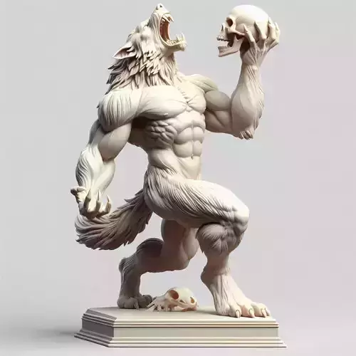 68 Ivory Werewolf Howling with Skull 3D Model wild dog witch 3D print model