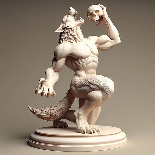 70 Ivory Werewolf Howling with Skull 3D Model  witch wild dog 3D print model