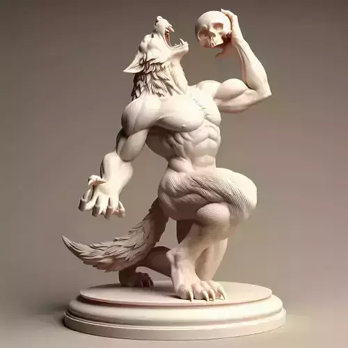 70 Ivory Werewolf Howling with Skull 3D Model  witch wild dog
