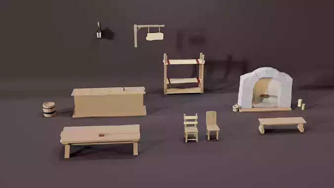 Stylized Tavern Props Pack 15 Low-Poly Assets with Trim Sheet