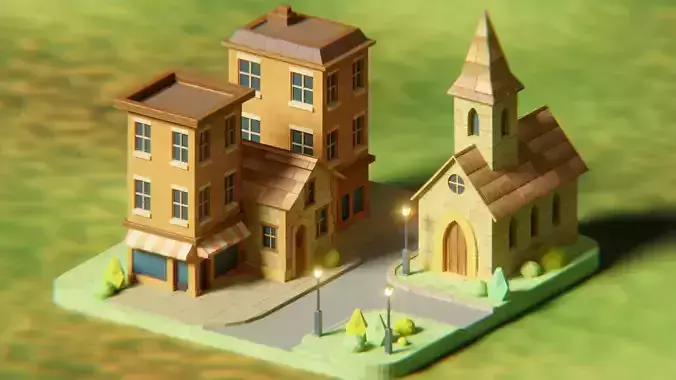 Stylized Low-Poly Village Scene