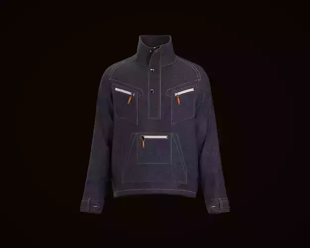 Denim jacket with high neck and patch and kangaroo pocket