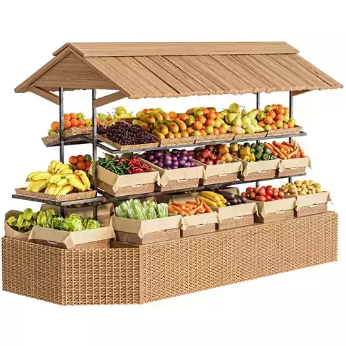 Display case with fruits and vegetables at the market