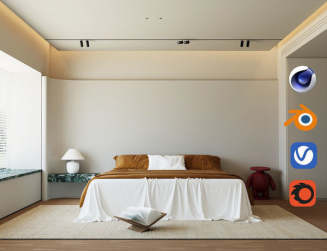 Modern Minimalist Cream Bedroom with Floating Nightstand 064 3D model