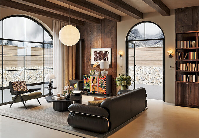 Modern Artistic Living Room Interior Scene with Wood Accents 065 3D model