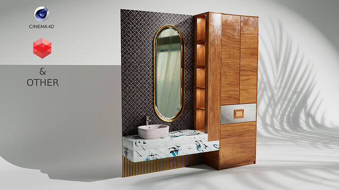 Luxury Wood and Marble Bathroom Vanity Set for Cinema 4d Low-poly 3D model