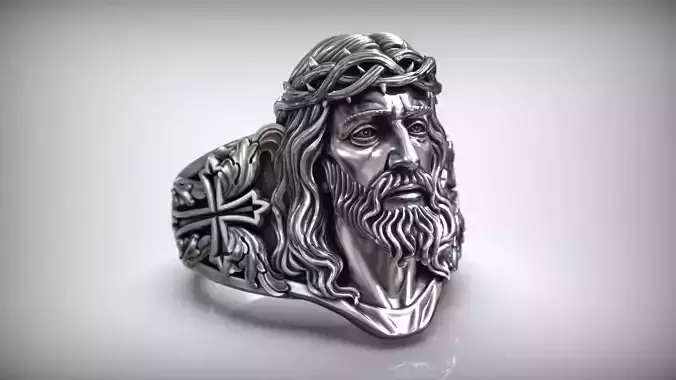 Jesus Christ Head Crown of Thorns Religious Sculpture Ring 3D print model
