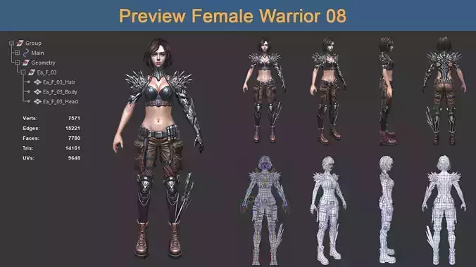 Character Female Warriors 08 - Ready for game Low-poly 3D model