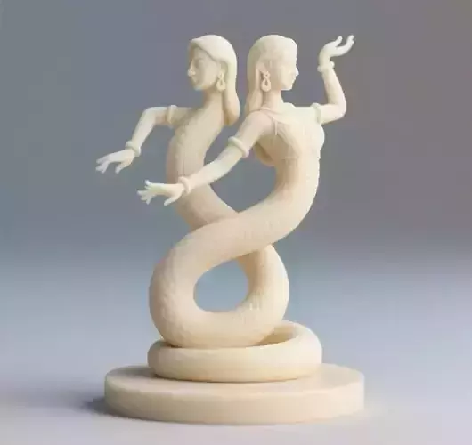 98 Ivory Serpent Dancer with 2 Female Heads Minimalist Statue