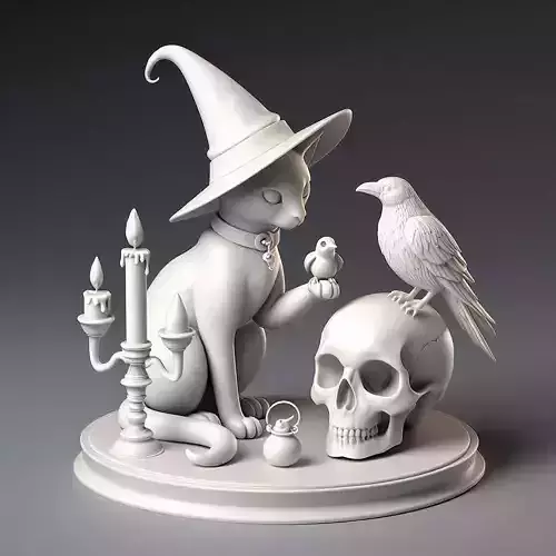 8 Witch Cat Composition  Skull Raven Candleholder 