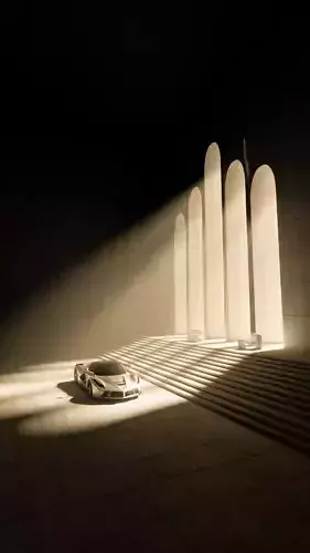 A supercar in a massive brutalist space 3D model