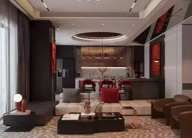 Living Room And Kitchen Interior Model