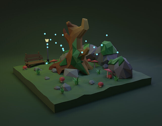 Lowpoly Tree and Bench Nature Scene Low-poly 3D model