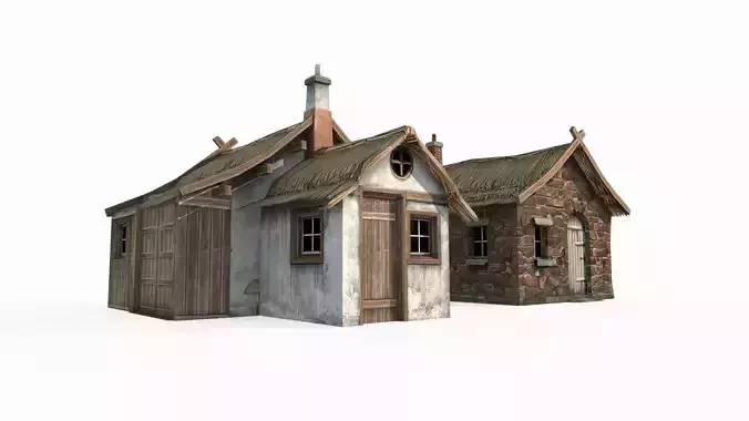 Hand drawn  medieval architecture with two thatched cottages