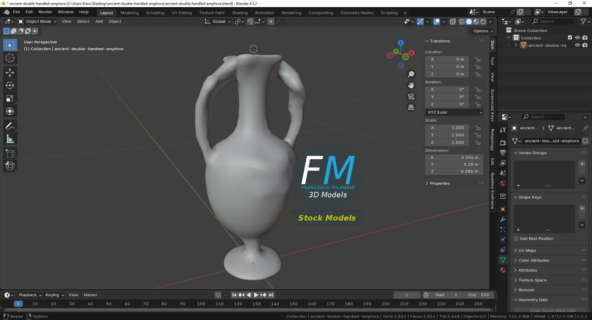 Ancient double handled amphora 3D model_9