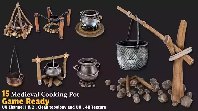 15 Medieval Cooking Pot Game-Ready Pack Low-poly 3D model
