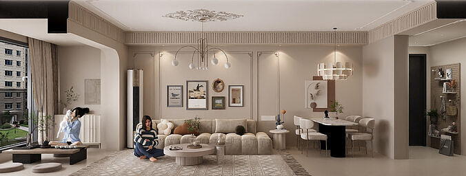 Creamy French-style living room of the home 3D model