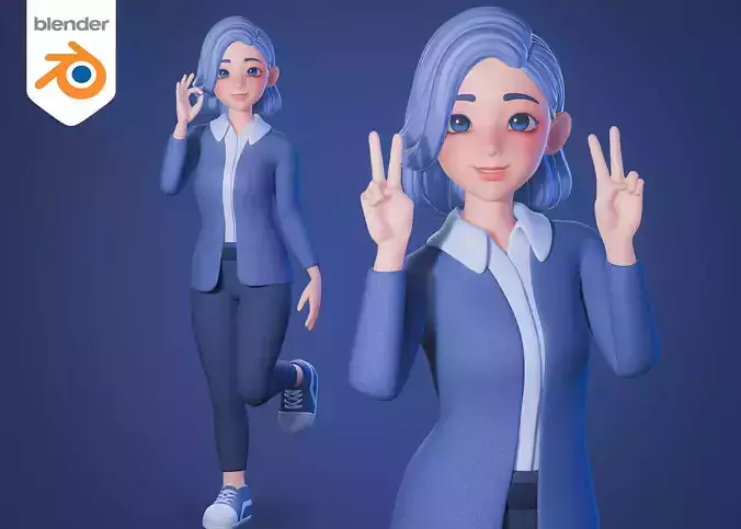 Stylized female teacher character in blue dressed- Rigged