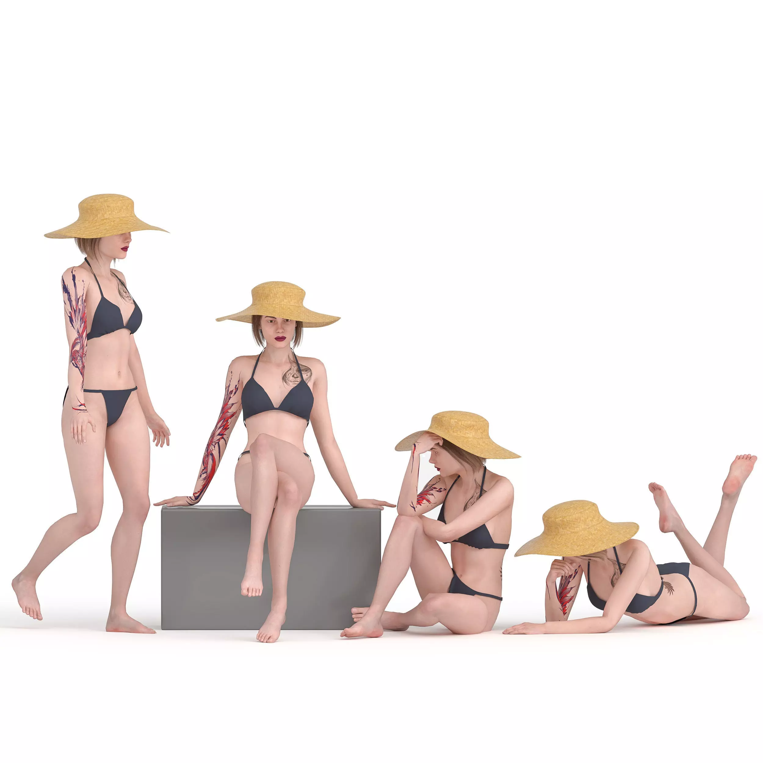 cute woman in 04 poses Low-poly 3D model