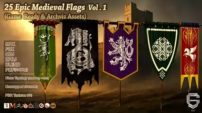 25 Epic Medieval Flags Vol 1 Game Ready and  Archviz Assets
