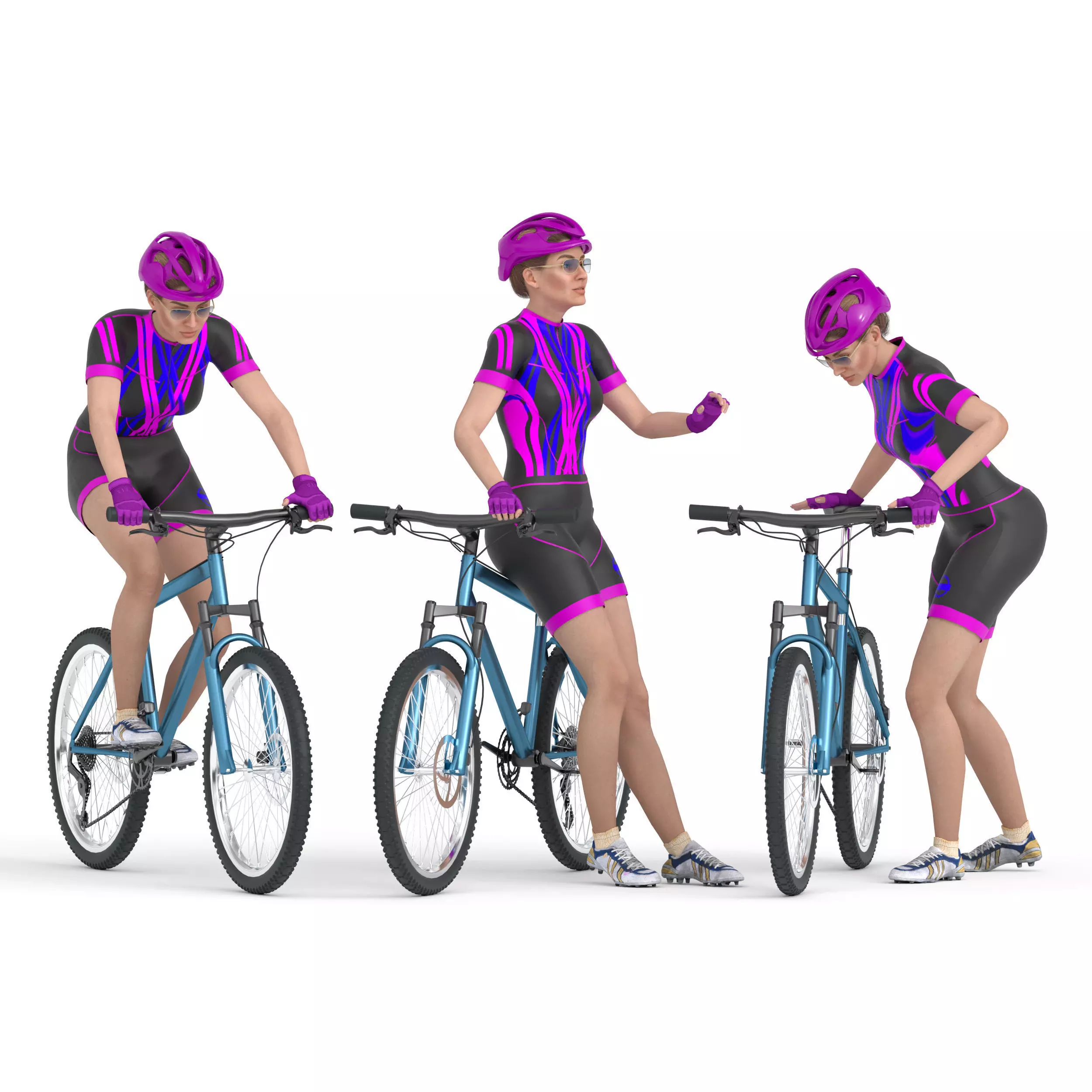 Cyclist woman in 03 poses Low-poly 3D model