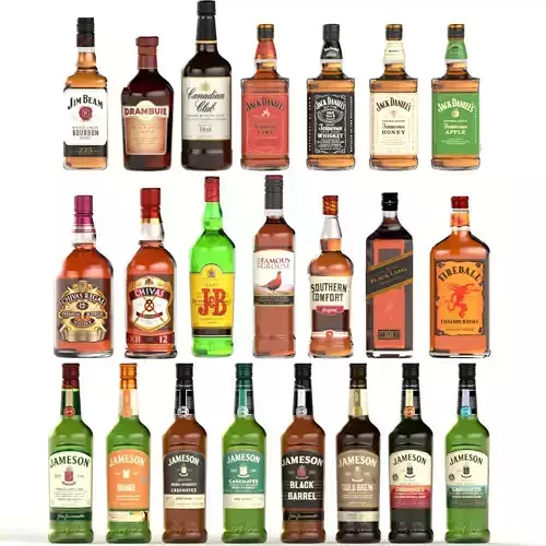 22 Whiskey Alcohol Bottles Jameson Jack Daniels Chivas Low-poly 3D model