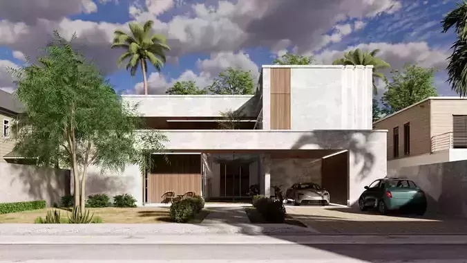 Modern Tropical Brutalism House 3D Scene for Visualization Low-poly 3D model