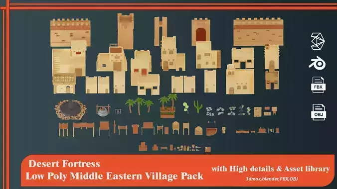 Desert Fortress  Low Poly Middle Eastern Village Pack Low-poly 3D model