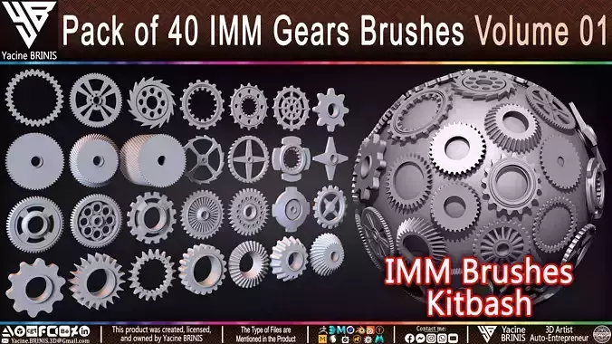 Pack of 40 IMM Gears Brushes for ZBrush Kitbash Volume 01 Low-poly 3D model