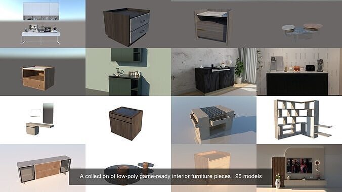 A collection of low-poly game-ready interior furniture pieces 