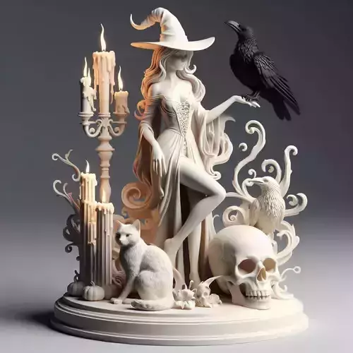 3 Elegant Witch with Candles Raven and Cat Full Body Figurine